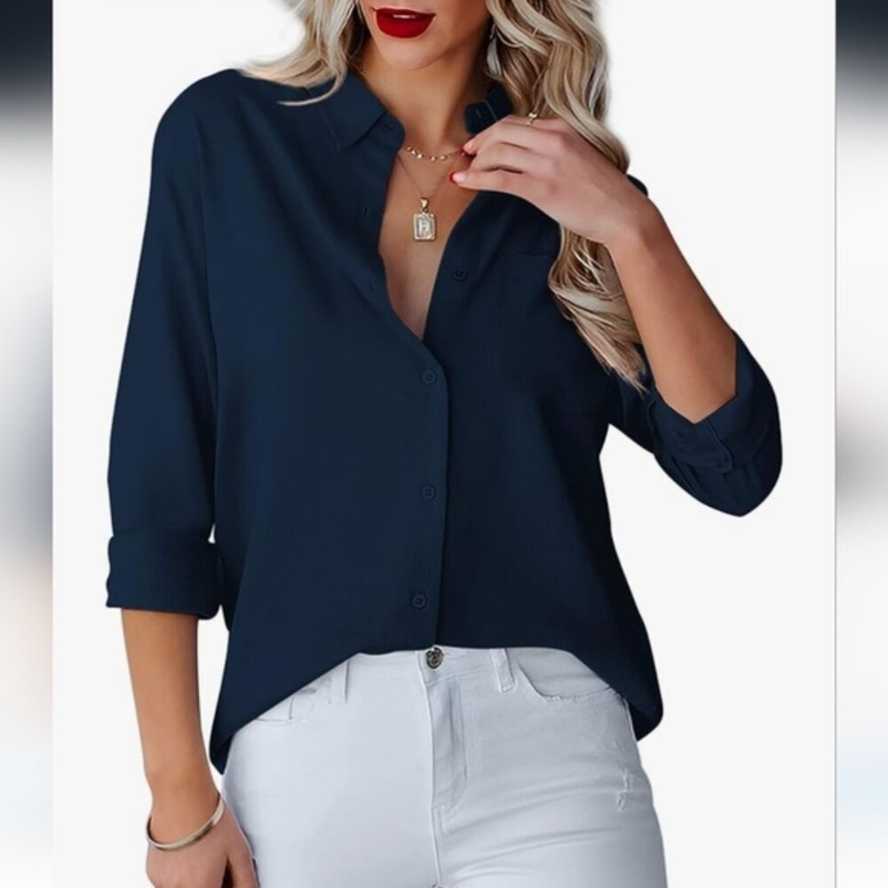 HELLOBABY | Women's Dark Navy Long Sleeved Button Down Lightweight Blouse